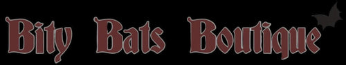 Logo of 'Bity Bats Boutique' with dull red text on a black background with a small grey bat above the 'e' in 'Boutique.'